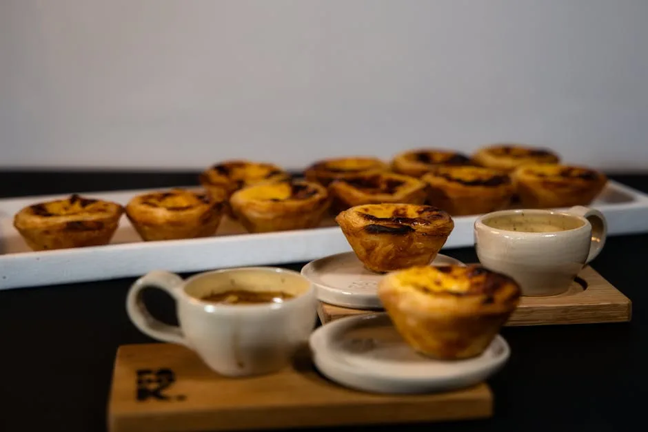 Assortiment de pastéis de nata et cafés posés sur table, Lisbonne