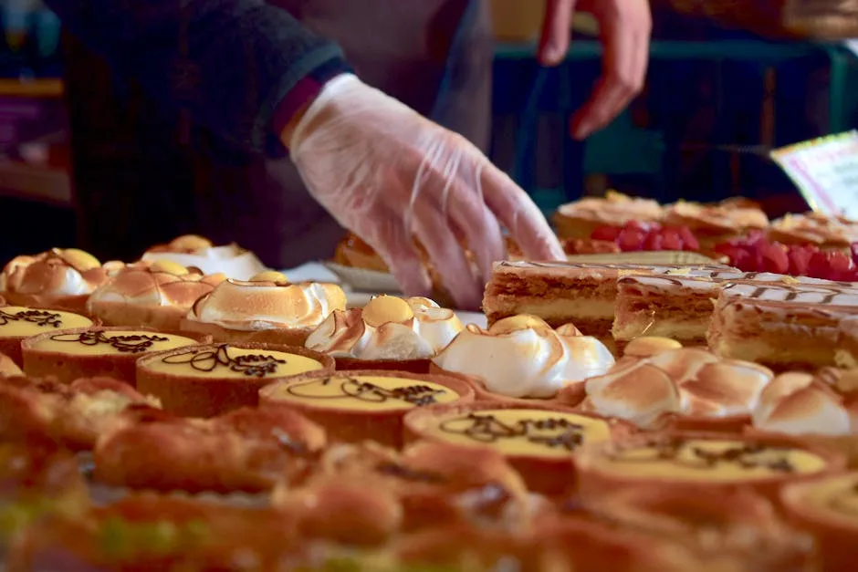 Main gantée choisissant des pâtisseries variées, vitrines gourmandes à Lisbonne