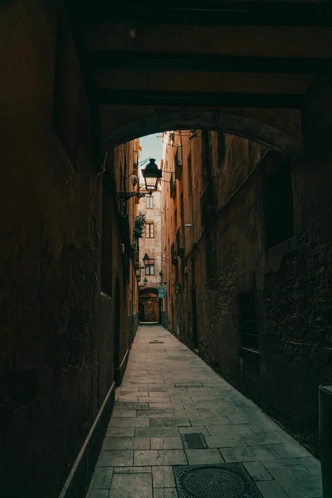 Ruelle étroite et ombragée encadrée de vieilles façades à Lisbonne