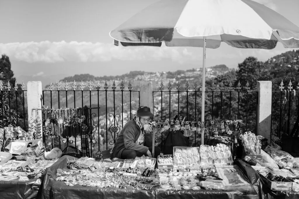 Vendeur assis derrière étal de souvenirs, vue sur Lisbonne